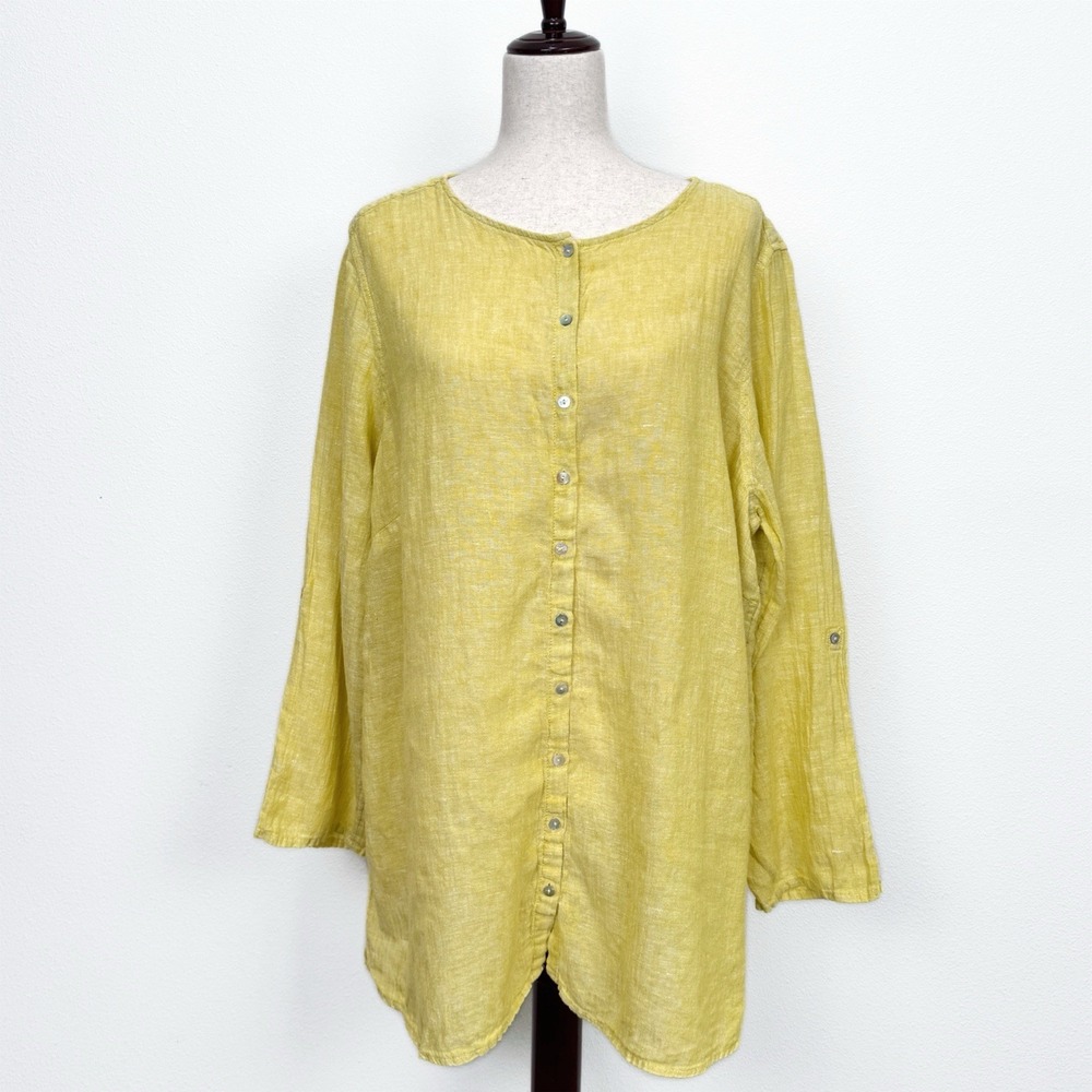 Tahari Top Womens 2X* Plus Yellow Button Up 100% Linen Breathable Tropical Flaw‎